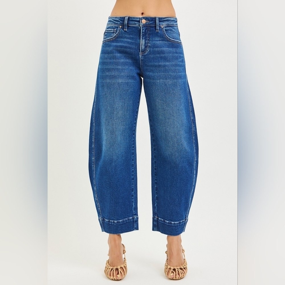 RISEN Mid Rise Dark Wash Barrel Jeans Ankle Cropped Trouser Classic Various NEW - Picture 2 of 6